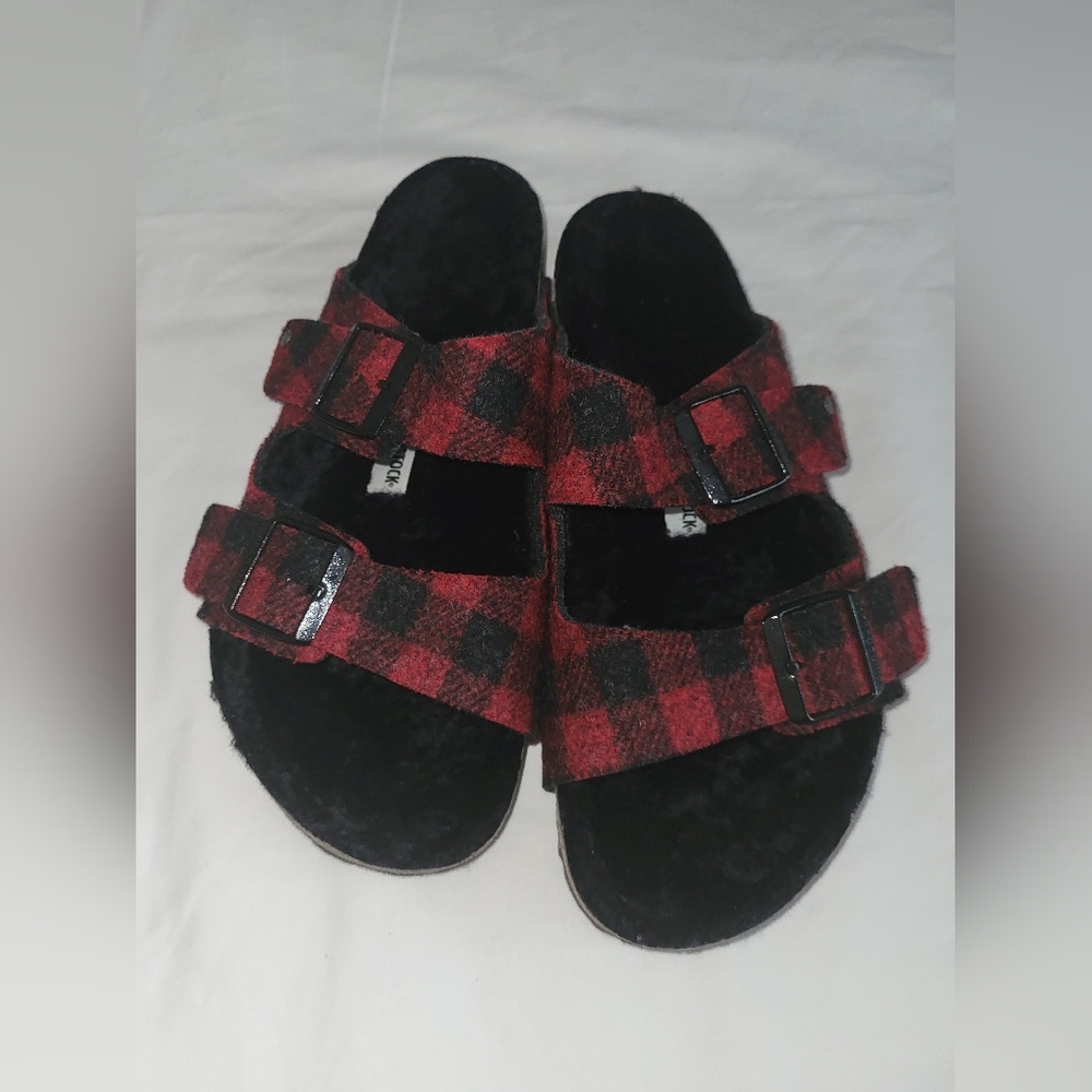 Birkenstock Red and Black Plaid Slippers